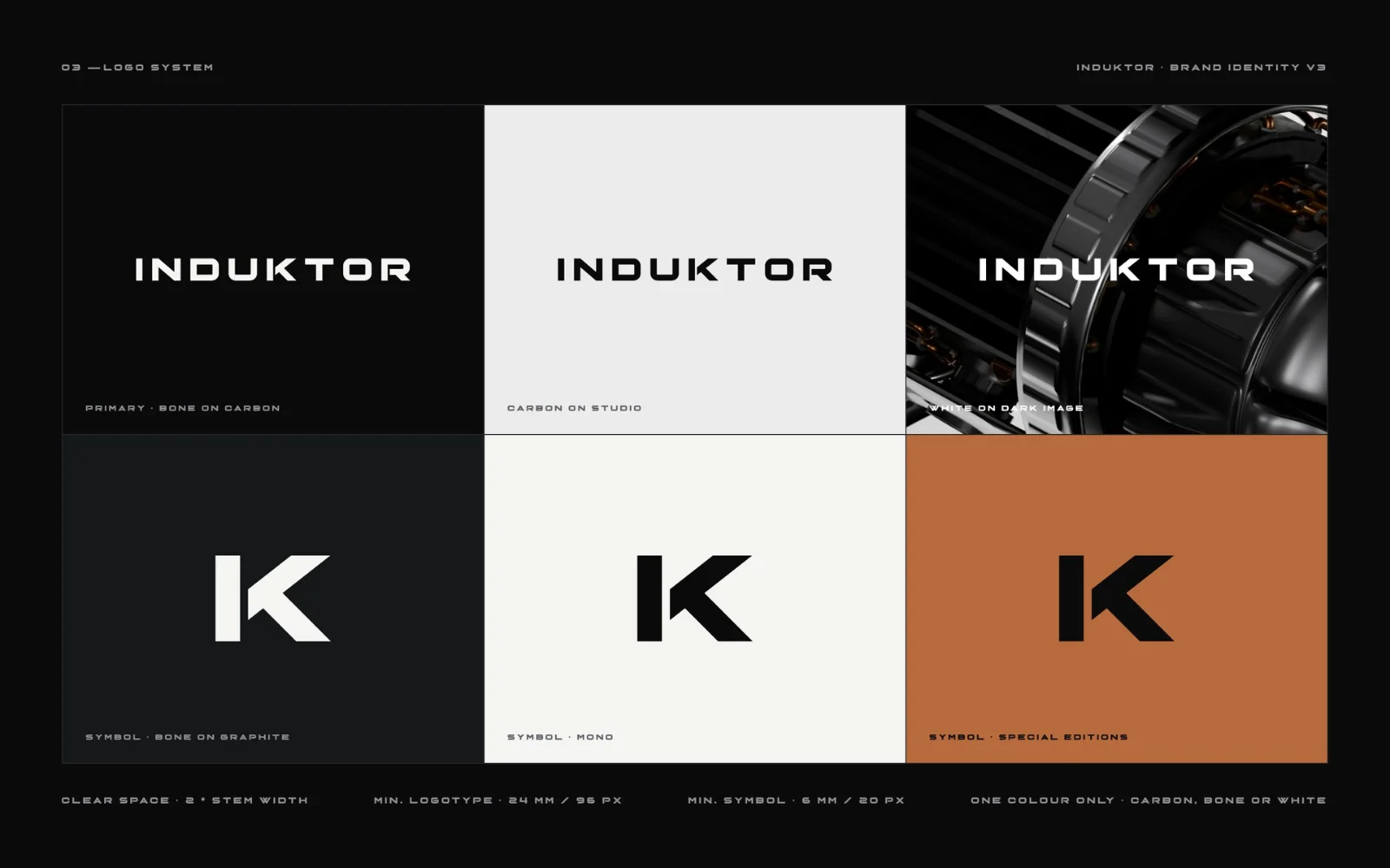 El sistema de logotip d’Induktor sobre carboni, estudi i coure
